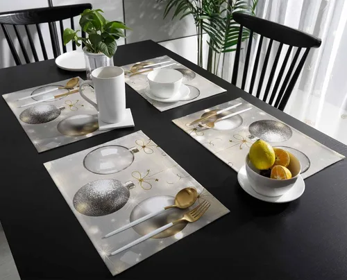 Miniatura 2 de Juego de 6 manteles individuales de bolas de Navidad para mesa de comedor, paño de lino de algodón para mesa cuadrada/rectangular/redonda
