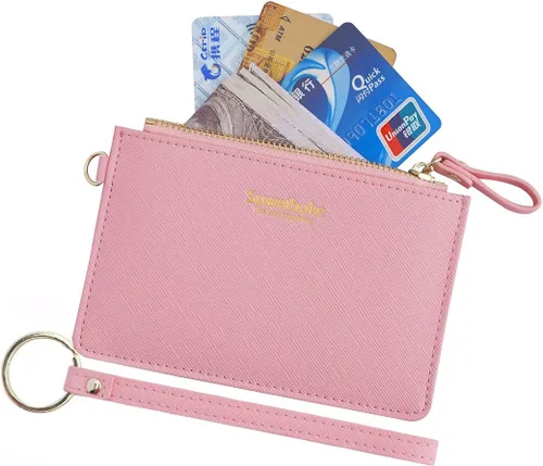 Miniatura 11 de Estuche Delgado para Tarjetas RFID para Mujer con Correa de Muñeca, Cartera con Cremallera para ID, Cartera de Cuero Pequeña, Monedero con Llavero