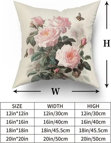 Miniatura 6 de Sweetshow Juego de 2 fundas de almohada con estampado floral de rosas rosadas de 18 x 18 pulgadas, diseño vintage de hojas y abejas, arte moderno
