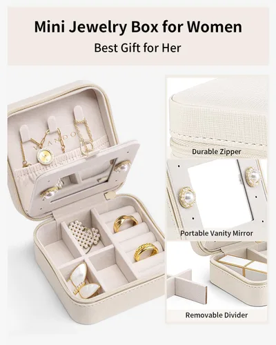 Miniatura 3 de Vlando Pequeño organizador de joyas de viaje, vitrina para niñas, mujeres, regalo anillos, aretes, collares, almacenamiento con espejo, color blanco