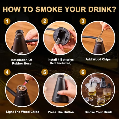 Miniatura 5 de Kit de Pistola de Humo para Cóctel - Kit Completo de Ahumador de Cócteles con 4 Sabores de Madera, Accesorios y Cepillo - Kit de Ahumador de Bebidas