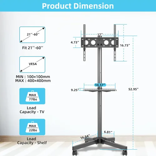 Miniatura 6 de XINLEI Soporte de TV móvil con ruedas para la mayoría de televisores de pantallas planas/curvas de 21 a 60 pulgadas, carrito de TV rodante de altura