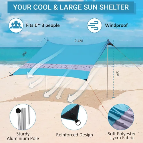 Miniatura 2 de Villey Tienda de campaña de playa con protección UPF50+, parasol portátil de 8 x 7 pies con 2 postes de estabilidad, 8 clavijas de tierra, 4 sacos