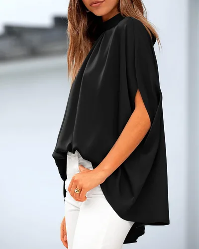 Miniatura 141 de BTFBM Blusas de verano para mujer, cuello alto falso, manga murciélago, holgadas, dobladillo alto y bajo, blusas informales de gran