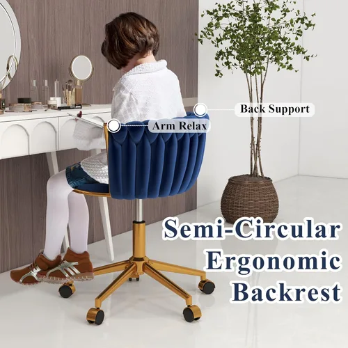 Miniatura 9 de ABET Silla de tocador con ruedas, pequeña silla de escritorio de terciopelo para oficina, taburetes de maquillaje semicirculares tejidos a mano