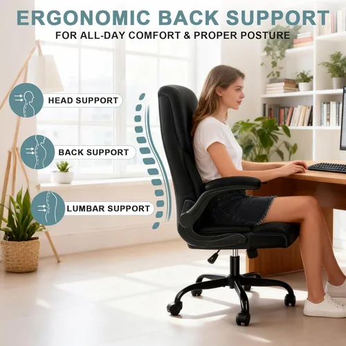 Miniatura 6 de Silla de oficina ejecutiva, silla de escritorio ergonómica y cómoda con reposabrazos y ruedas abatibles acolchados, de piel sintética, resistente