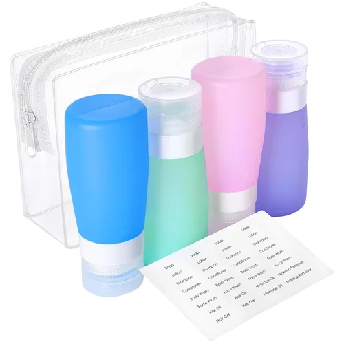 PACKISM Paquete de 5 bolsas de aseo aprobadas por la TSA con botellas, kit de contenedor de viaje de silicona de 3 onzas a prueba de fugas para