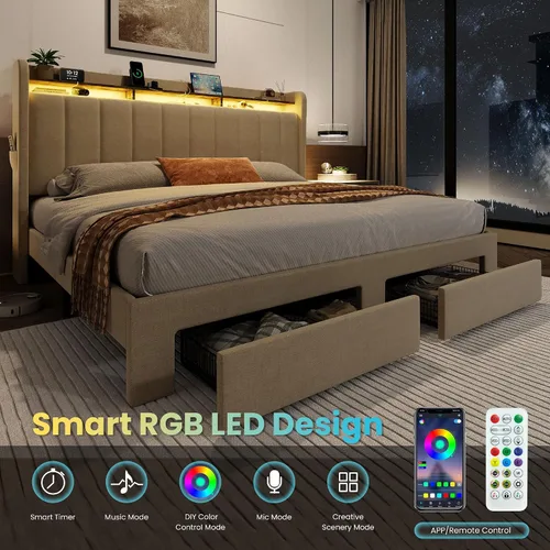 Miniatura 6 de SHA CERLIN Base de cama de plataforma de tamaño matrimonial con cabecera de canal vertical copetuda y 2 cajones de almacenamiento, estantes de 2