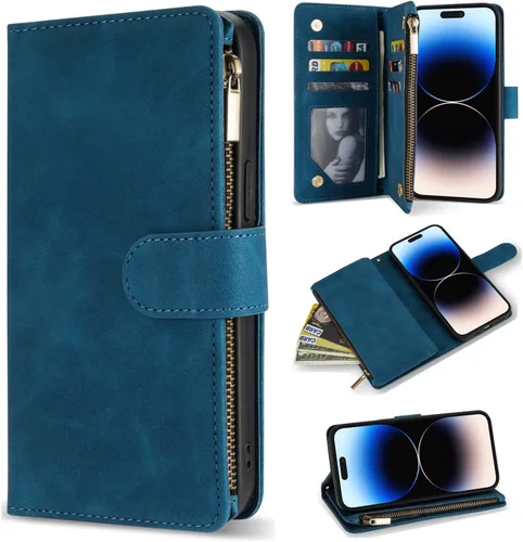 Miniatura 11 de ZZXX Funda tipo cartera para iPhone 14 Plus con [Bloqueo RFID] Ranura para tarjetas Cuero PU suave premium con cremallera tipo folio plegable