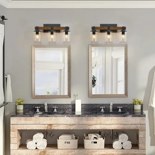Miniatura 2 de DUJAHMLAND Lámpara de tocador de granja, lámpara de pared de madera de baño de 3 luces sobre espejo con pantalla de vidrio transparente, iluminación
