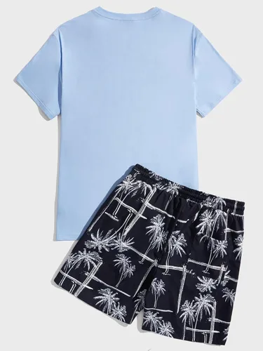 Miniatura 68 de GORGLITTER Conjunto de 2 piezas de camiseta gráfica de manga corta para hombre, estampado hawaiano con cordón y pantalones cortos