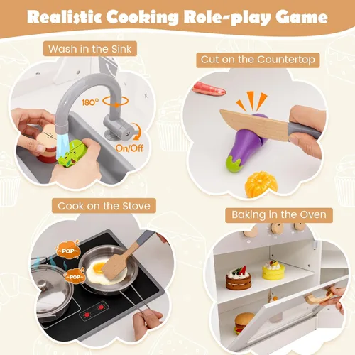 Miniatura 4 de Costzon Juego de cocina esquinera para niños, cocina de madera con sonidos y luces, lavadora, campana extractora, máquina de hielo, microondas