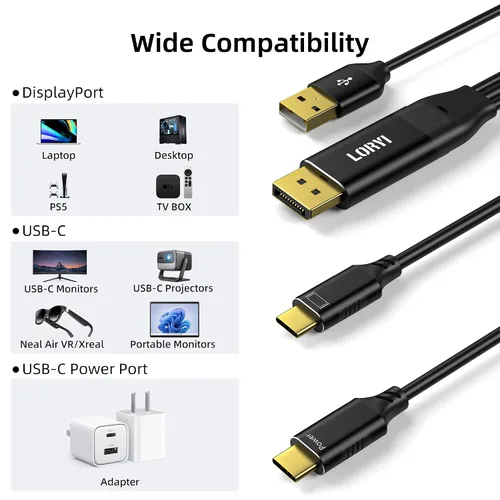 Miniatura 7 de Cable DisplayPort a USB C 5K @60Hz/4K a 144Hz, 6.6 pies DP a USB C para monitor móvil, pantalla de estudio, haz XREAL, soporte de función táctil