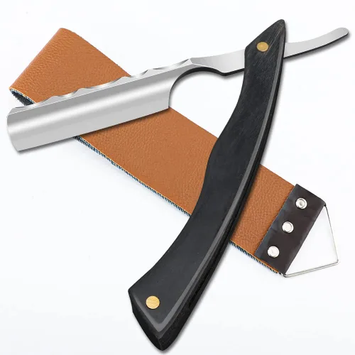 Miniatura 13 de Navaja de afeitar recta con estropa - Afeitadora profesional de borde recto de acero inoxidable premium para barbero con estropa para afeitado