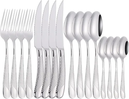 Miniatura 2 de Juego de cubiertos de 16 piezas, juego de cubiertos de acero inoxidable con cuchara y tenedor para 4, utensilios de cocina, acabado espejo, apto