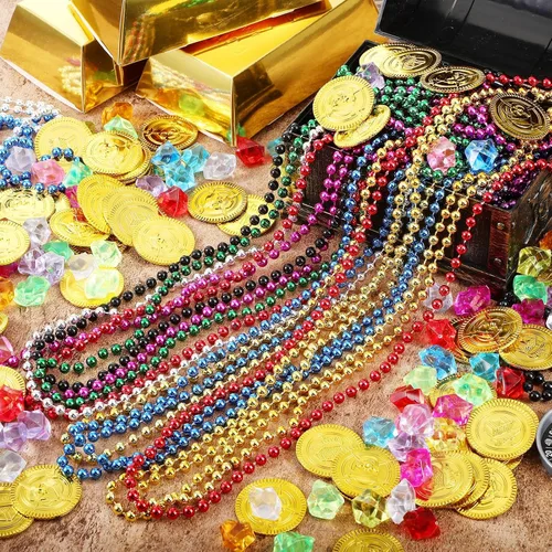 Miniatura 4 de Crowye Juego de 180 monedas falsas del tesoro pirata, gemas de plástico y collar de cuentas, juego de joyas para piratas aventuras, carnaval