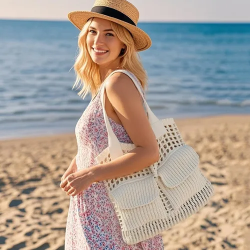 Miniatura 20 de ENBEI Bolsa de playa para mujer, diseño hueco de punto de ganchillo, elegante para la playa, viajes y uso diario