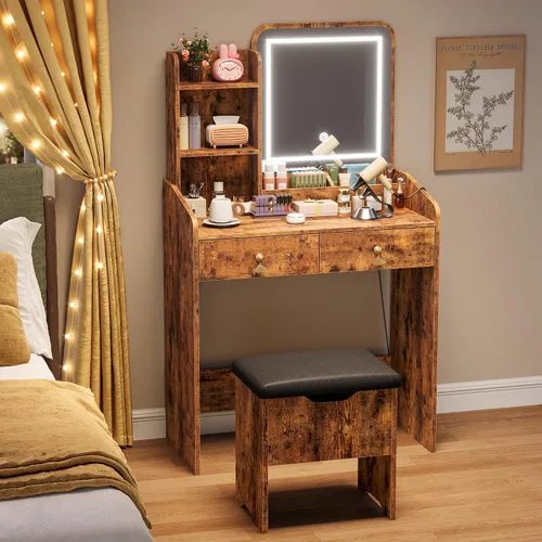 Miniatura 9 de GarveeHome Escritorio de tocador con espejo de luz LED y estación de carga, pequeño juego de mesa de tocador de maquillaje con cajones