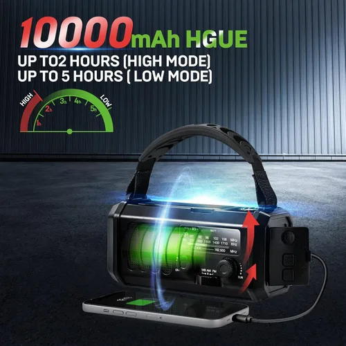 Miniatura 3 de Radio de emergencia con manivela de 10000 mAh, radio meteorológica NOAA con radio AM/FM y solar, batería recargable, linterna y luz de lectura