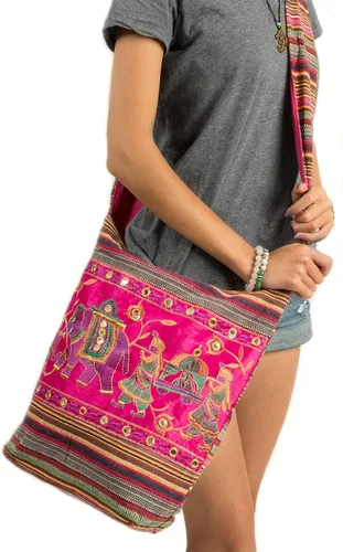 Miniatura 3 de Bolsa de hombro rosa bordada hecha a mano elefante bohemio hippie bolsa de playa gitana