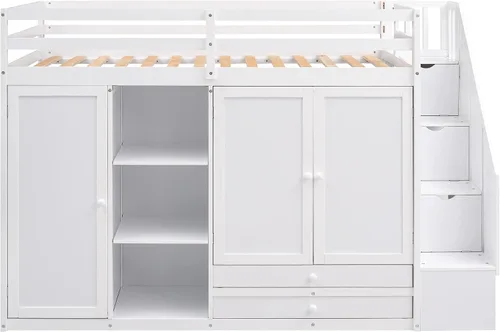 Miniatura 9 de SOFTSEA Cama tipo loft de tamaño individual con escalera de almacenamiento y armario, marco de cama funcional de madera maciza con estantes