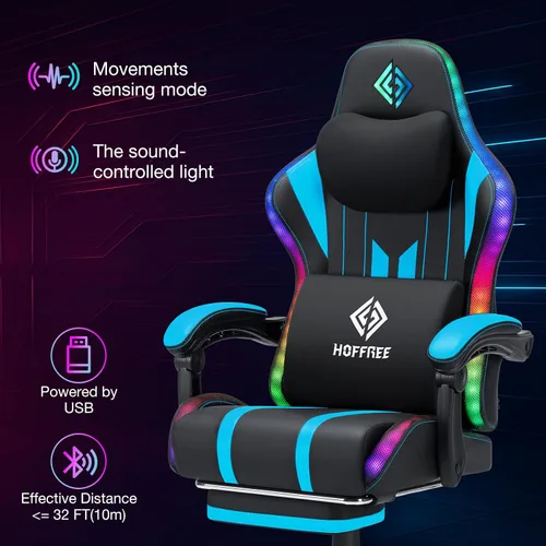 Miniatura 5 de HOFFREE Silla Gaming con Luces LED RGB de Ritmo Musical y Altavoces Bluetooth Silla Ergonómica de Gaming para Computadora con Masaje y Reposapiés