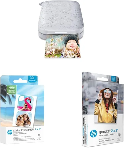 HP Sprocket - Impresora fotográfica portátil de 2ª edición, piñón, papel fotográfico de zinc (50 hojas), papel fotográfico precortado