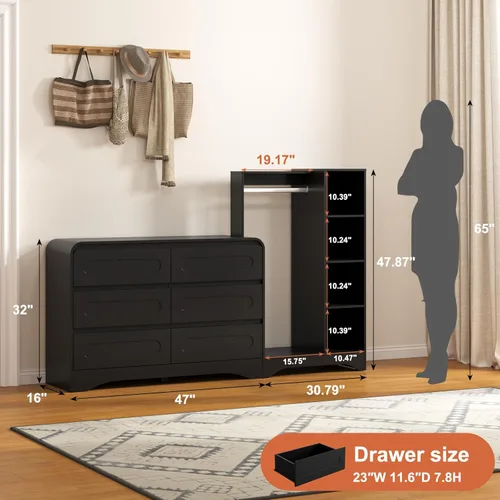 Miniatura 2 de Cómoda con perchero para colgar ropa, toboganes preinstalados para una instalación rápida, armario 3 en 1 con cajones y estantes para zapatos