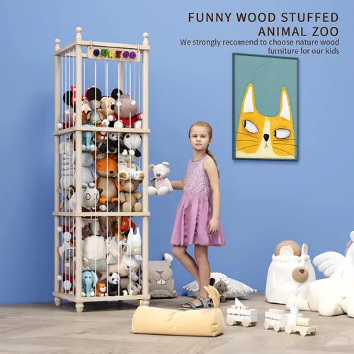 Miniatura 3 de Organizador de Almacenamiento de Juguetes de Madera para Animales de Peluche, Diseño Mejorado de Puf Hamaca de Animales de Peluche Red de Peluches