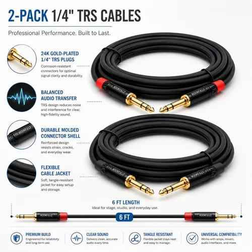 Miniatura 2 de Cable de altavoces, TRS equilibrado de 6 pies 1/4 ", paquete de 2