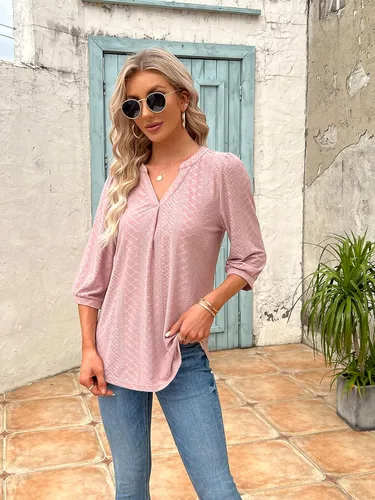 Miniatura 4 de Blusas de manga 34 para mujer, con ojales, estilo casual, cuello en V