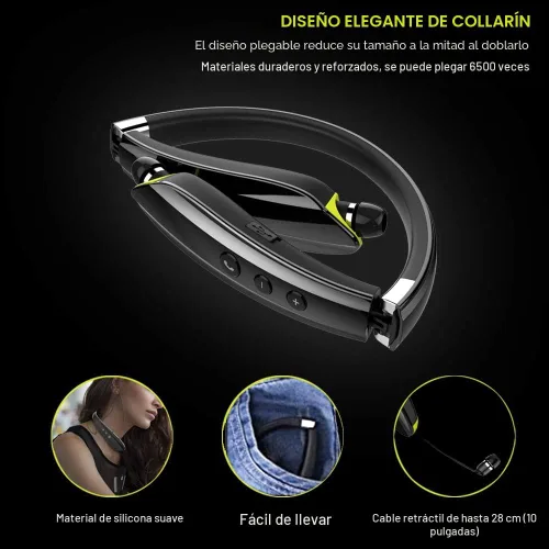Miniatura 2 de BEARTWO Auriculares Bluetooth, auriculares con banda para el cuello plegables y inalámbricos mejorados con auriculares retráctiles, auriculares