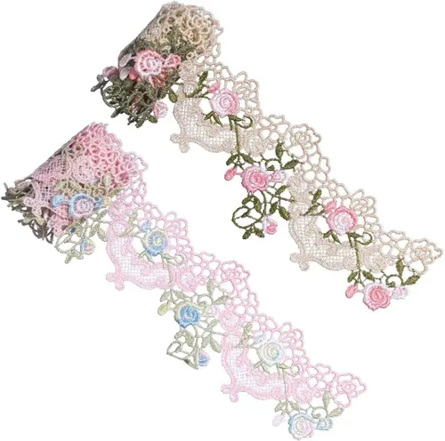 HINZIC Cinta de encaje de flores de 2 yardas de 2.4 in de ancho, apliques de costura de ganchillo vintage, color rosa, beige, boda, bordado, tela de