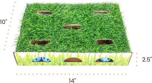 Miniatura 8 de Catstages Caja de Caza con Parche de Hierba - Juguete Interactivo para Gatos de Interior con Césped Sintético y 3 Bolas de Cascabel - Fomenta