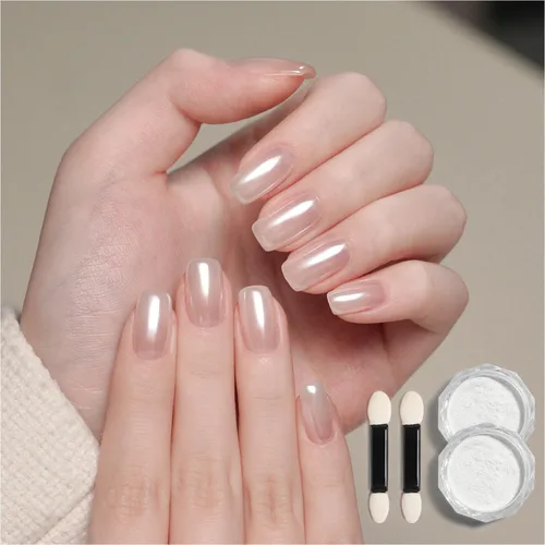Miniatura 7 de GAOY Polvo de uñas de cromo perla blanca, efecto espejo, pigmento brillante, sirena, aurora, decoración de uñas, blanco brillante