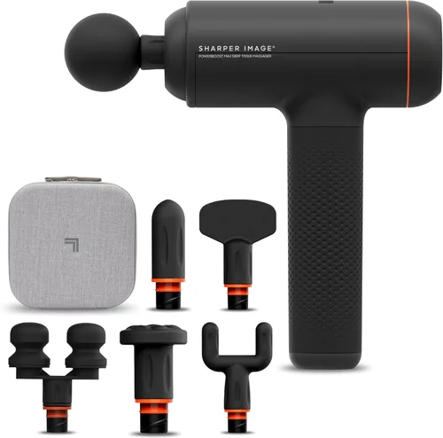 Sharper Image Pistola de masaje de percusión de tejido profundo, masajeador de mano recargable Powerboost MAX, 7 velocidades ajustables, 6 cabezales