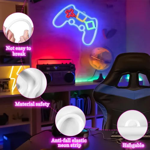Miniatura 3 de Vicloon Letrero de neón para jugadores, luz de neón con forma de controlador de juego, luz de pared LED alimentada por USB/batería para decoración