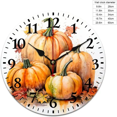 Miniatura 2 de Reloj de pintura de tinta acuarela amarillo verde calabazas hojas redondo creativo reloj decorativo sin tictac Acción de Gracias o Halloween reloj