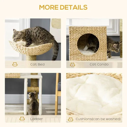Miniatura 4 de PawHut Cattail Weave - Árbol para gatos de interior, torre de gatito con condominio de ratán para gatos, cama de mimbre, escalera, cojines lavables