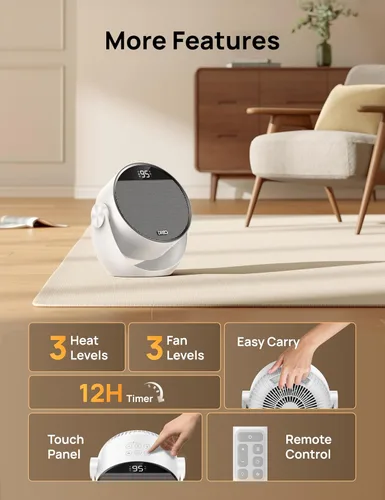 Miniatura 8 de Dreo Calentador de espacio de 1500 W, inclinación ajustable de 60°, calentadores eléctricos portátiles de 10.5 pies/s para uso en interiores