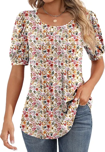 Ficerd - Blusa plisada tipo túnica de manga corta abombada y cuello redondo para mujer, blusa holgada elegante e informal para verano