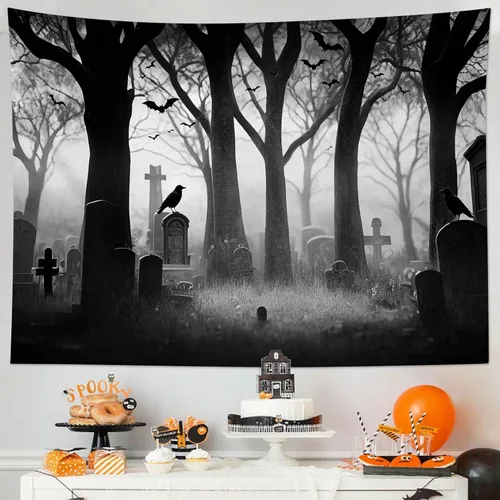 Miniatura 4 de LB Tapiz espeluznante de cementerio de Halloween, lápida aterradora con árboles muertos, tapiz de bosque para colgar en la pared, tapiz de fondo