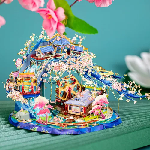 Miniatura 5 de MU Rompecabezas de metal 3D Peach Blossom Palace Fairyland, kit de modelo para adultos para construir base, kit de bricolaje para regalo