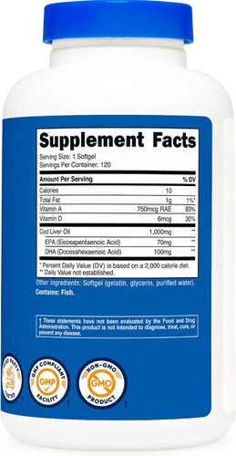 Miniatura 5 de Nutricost Aceite de hígado de bacalao 1000 mg, 120 cápsulas blandas, sin OMG y sin gluten