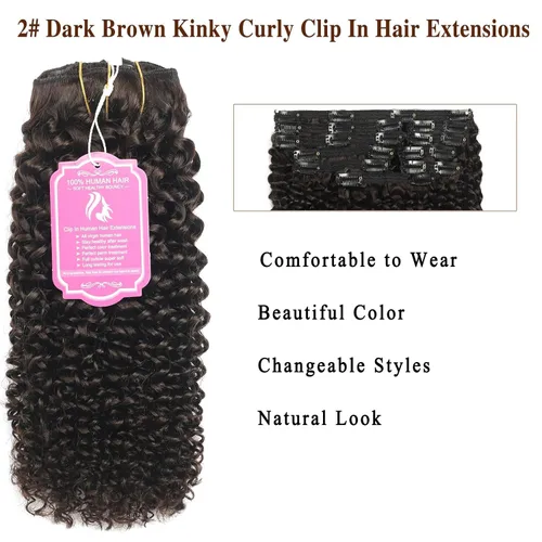 Miniatura 2 de Extensiones de cabello rizado kinky con clip para mujeres negras 14 pulgadas 2# marrón oscuro extensiones de cabello rizado con clip cabello humano