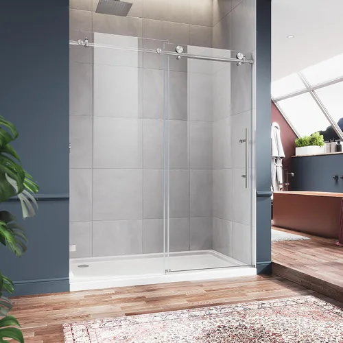 Miniatura 11 de ELEGANT Puerta corredera sin marco para bañera de 60 pulgadas de ancho x 62 pulgadas de alto, puerta corrediza de vidrio para bañera con vidrio