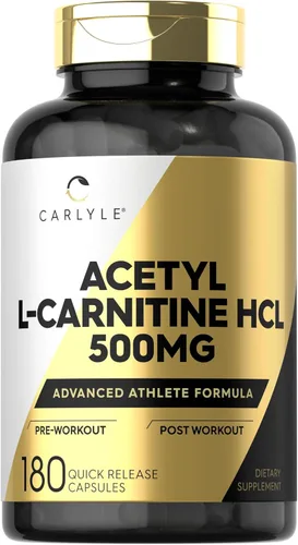 Carlyle Suplemento de acetil L-carnitina HCL | Cápsulas de 500 mg | 180 unidades | Fórmula avanzada para atletas | Sin OMG y sin gluten