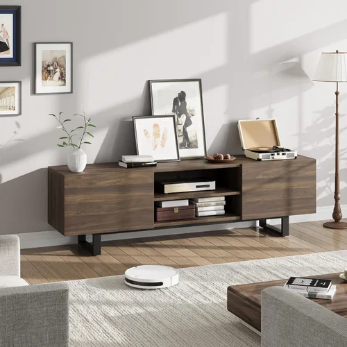 Miniatura 8 de Moderno soporte de TV para TV de 65/75/80 pulgadas, centro de entretenimiento negro de 70 pulgadas con 2 cajones y estantes abiertos, gabinete
