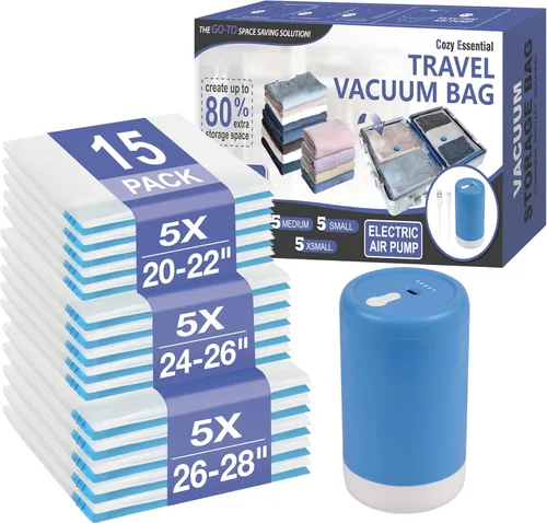 Miniatura 12 de Paquete de 30 bolsas de almacenamiento al vacío con bomba eléctrica inalámbrica recargable, bolsas de ahorro de espacio con sellado al vacío