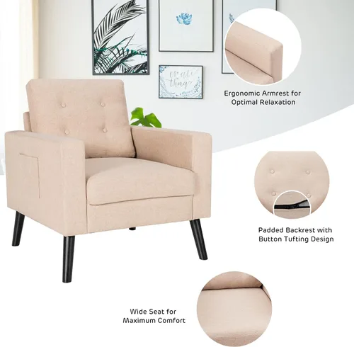 Miniatura 7 de Giantex Silla decorativa moderna, sillón tapizado de mediados de siglo con patas de madera de goma, tela de lino patentada, sofá individual